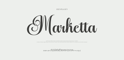 Marketta Signature Font Uppercase Lowercase and Number. Calligraphy Logotype Script Brush Font Type Font lettering handwritten. vector illustration 

