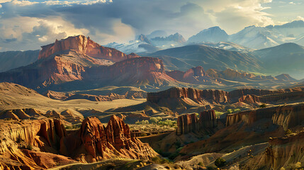 Majestic desert canyons bathed in golden hour sunlight, revealing layered rock formations and distant snow-capped mountains under a dramatic sky.