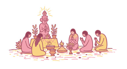 Buddhist monks and people offering prayers with a seated Buddha statue.