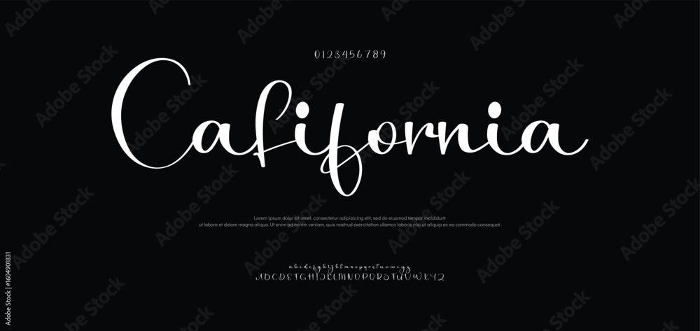 Poster california hand drawn font uppercase lowercase and number. modern monoline signature script font. el