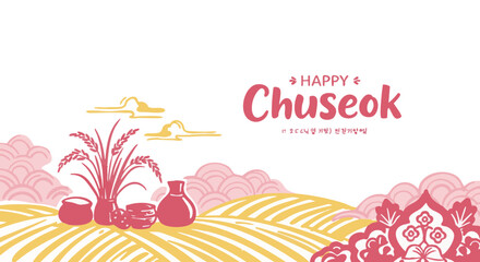 Chuseok Celebration with Rice Harvest and Traditional Elements.