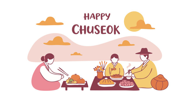 Happy Chuseok celebration, family gathering and enjoying traditional dishes under the warm sunset sky.