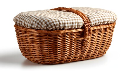 Obraz premium Oval wicker picnic basket with gingham lid.