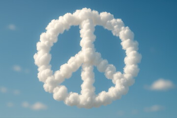 Naklejka premium Peace Sign Shaped Cloud Against a Clear Blue Sky Symbolizing Harmony and Tranquility in Nature with a Dynamic Aerial View Focused on Atmospheric Serenity and Whimsical Celestial Imagery