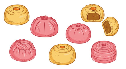 A colorful illustration of various delicious mooncakes.