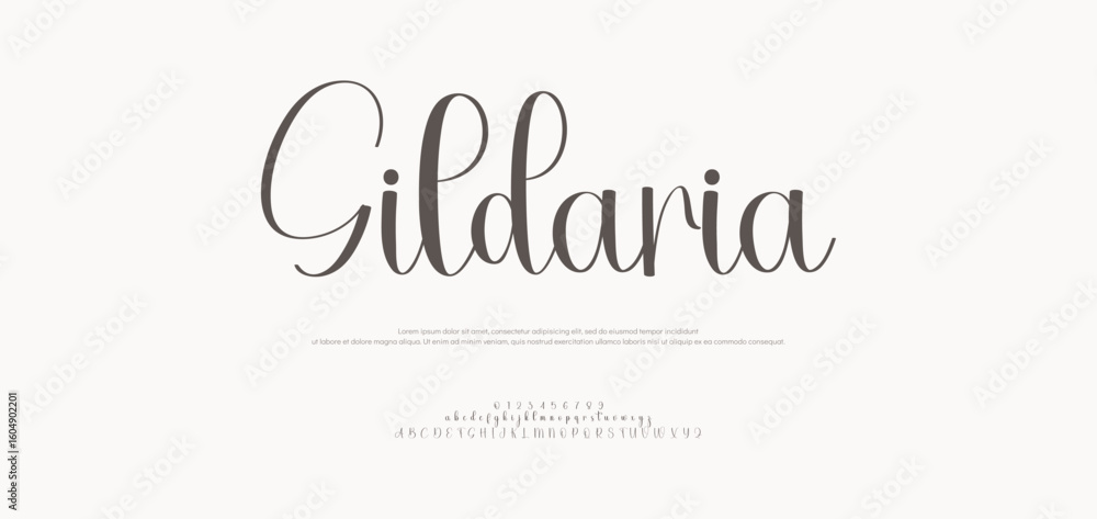 Fototapete gildaria signature font uppercase lowercase and number. calligraphy logotype script brush font type 