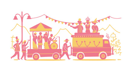 A parade of people with a festive vehicle in line art style.