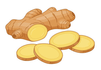A ginger root with several ginger slices in front