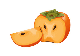 A halved persimmon and slice are shown featuring orange skin and green leaves
