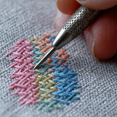 Close-up of hand embroidering with colorful stitches