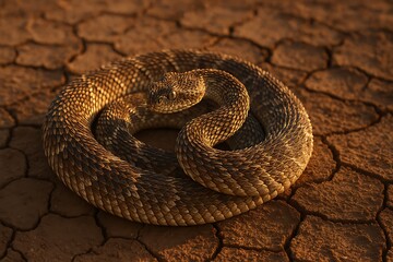 Obraz premium Snake curled in desert terrain, displaying a detailed view of the saw scaled viper