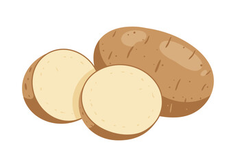 Cut potatoes One whole two halves light beige inside brown skin with darker spots