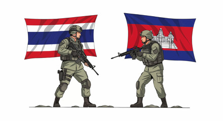 Thai and Cambodian soldiers stand facing each other, flags displayed, rifles held ready.
