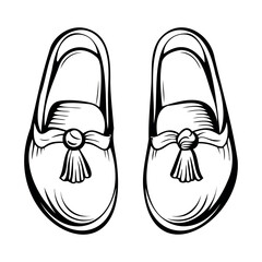 A pair of traditional loafers with a tassel design. The shoes are illustrated in a simple black and white style, showcasing their classic shape and details.