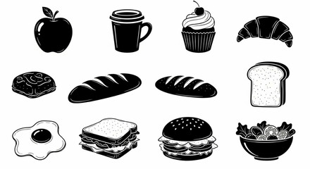 Food Doodle Icon Set – Hand Drawn Apple, Coffee, Cupcake, Sandwich, Burger, Salad and Snack Vector Illustrations

