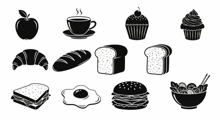 Food Doodle Icon Set – Hand Drawn Apple, Coffee, Cupcake, Sandwich, Burger, Salad and Snack Vector Illustrations


