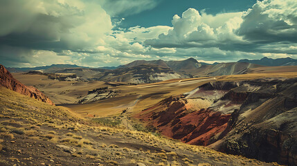 Dramatic, vast mountain landscape under a stormy sky evokes adventure and awe, perfect for travel and exploration themes.