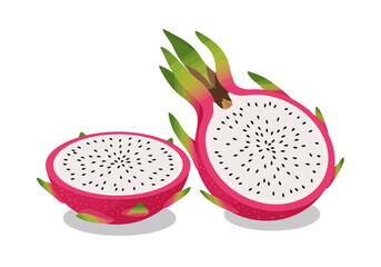 Two dragon fruit halves one standing one lying reveal white flesh dotted with black seeds