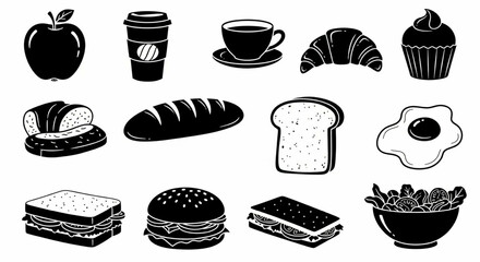 Food Doodle Icon Set – Hand Drawn Apple, Coffee, Cupcake, Sandwich, Burger, Salad and Snack Vector Illustrations

