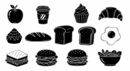 Food Doodle Icon Set – Hand Drawn Apple, Coffee, Cupcake, Sandwich, Burger, Salad and Snack Vector Illustrations

