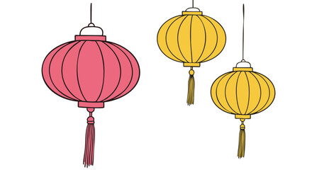 Three colorful lanterns of a party. They are hanging from the ceiling.