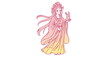 A cartoon illustration of a beautiful woman and rabbit.