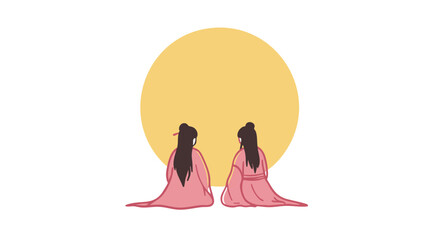Two figures sitting in front of a large sun.