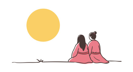 Two figures admire a giant, bright sun.