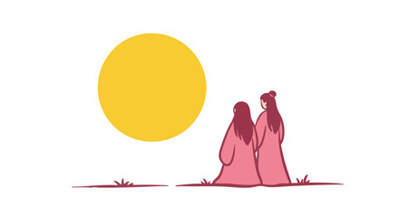 Two figures stand together in front of a large yellow sun, a scene of tranquility and connection.