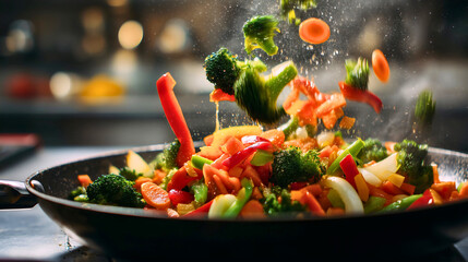 Sautéing and frying fresh vegetables, a vegetable mix prepared in a tasty and healthy way.
