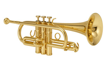 Golden trumpet lying horizontally with transparent background, ready to play a beautiful melody