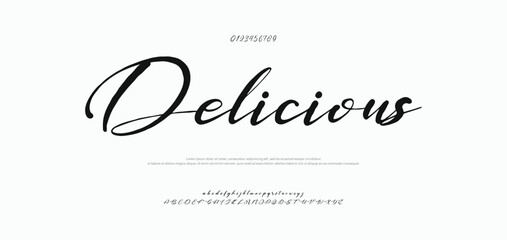 Delicious Hand drawn Font Uppercase Lowercase and Number. Modern monoline signature script font. Elegant Signature Font. Best Alphabet Beautiful Calligraphy Signature Font. vector illustration 
