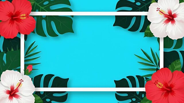 Vibrant Tropical Summer Frame with Red White Hibiscus Flowers and Green Palm Leaves on Blue Background
