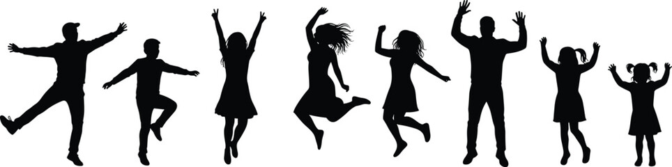 People jumping in celebration, silhouette illustration of joyful motion, group unity expression, playful community vibe, happiness art, festive lifestyle design