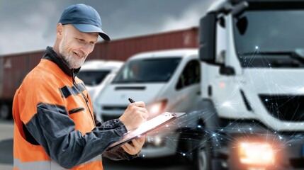 Logistics manager supervising truck fleet operations urban transport hub business setting outdoor aerial view efficiency concept