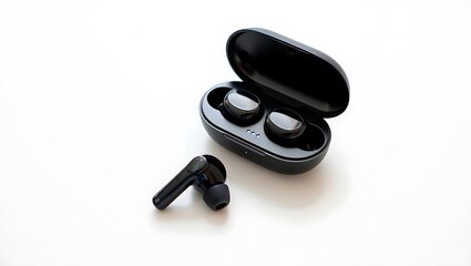 Black wireless earbuds and charging case image