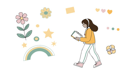 A young girl with brown hair wearing a yellow sweater and striped pants walks while reading a notebook surrounded by whimsical pastel elements