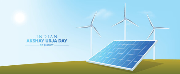Indian akshay urja day August 20 solar panel with windmill vector poster