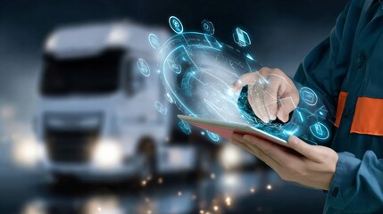 Truck logistics management action fleet operations digital monitoring urban environment close-up view efficiency concept