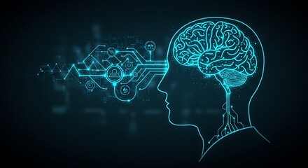 Digital illustration of a human head with a glowing brain and circuit board design.