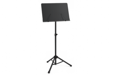 Black music stand holding a blank sheet music, isolated on transparent background, ready for musical performance