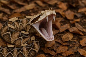 alert gaboon viper with open mouth displaying sharp fangs