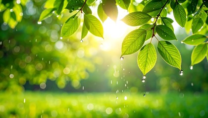 Lush green leaves bathed in sunlight after rain