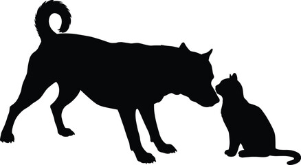 Silhouette of dog and cat facing each other, pet interaction concept, animal companionship, black and white illustration, contrast vector artwork