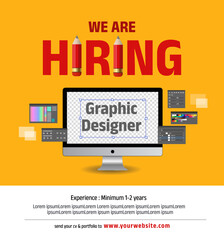 a vibrant and eye-catching poster design for job opening. Join our team! We are hiring a skilled Graphic Designer. vector illustration
