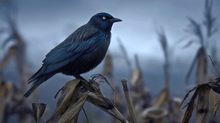A fearsome crow standing in a cornfield, black as dark hell  a terrifying bird.
