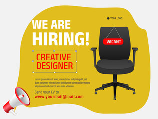 We're hiring creative concept banner vector illustration. Megaphone with speech bubble. Banner for business, marketing and advertising