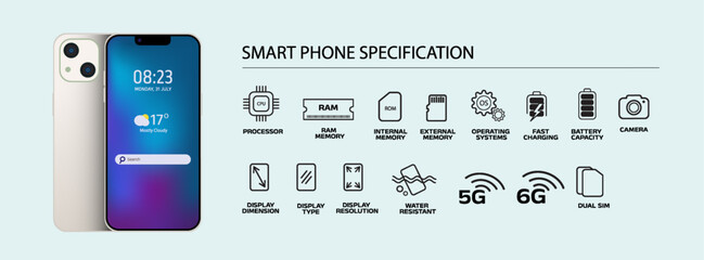  Mobile phone specification Flat icons set with realistic smartphone vector illustration