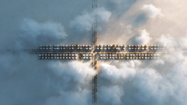 Aerial view of a planned community nestled between clouds. Concept for utopian architecture, urban planning, and environmental design. Great for illustrating future living or innovation.