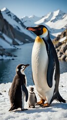 Fototapeta premium Family of Penguins Resting on Snowy Grounds in a Scenic Arctic Landscape
